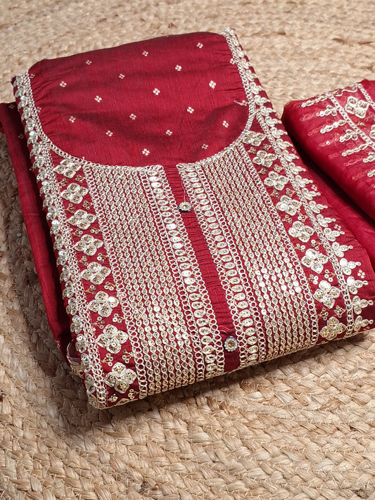 Maroon Colour Unstitched Suit Fabric with Zari & Sequence Work with Dupatta