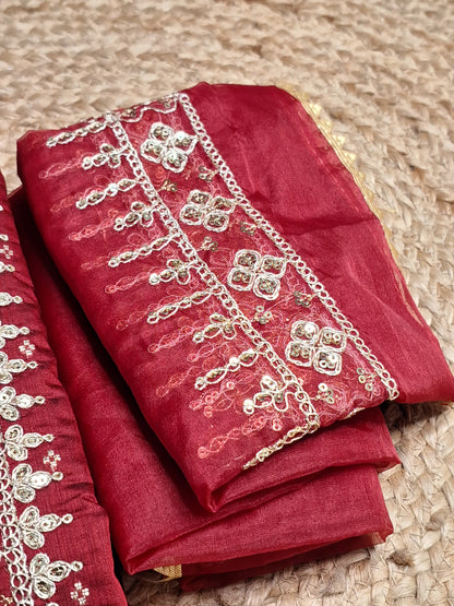 Maroon Colour Unstitched Suit Fabric with Zari & Sequence Work with Dupatta