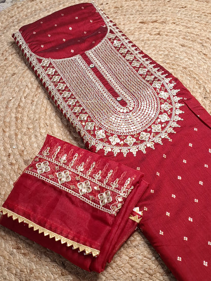 Maroon Colour Unstitched Suit Fabric with Zari & Sequence Work with Dupatta