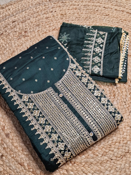 Dark Green Colour Unstitched Suit Silk Fabric with Zari & Sequence Work with Dupatta