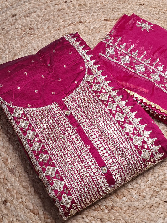 Magenta Colour Unstitched Suit Silk Fabric with Zari & Sequence Work with Dupatta