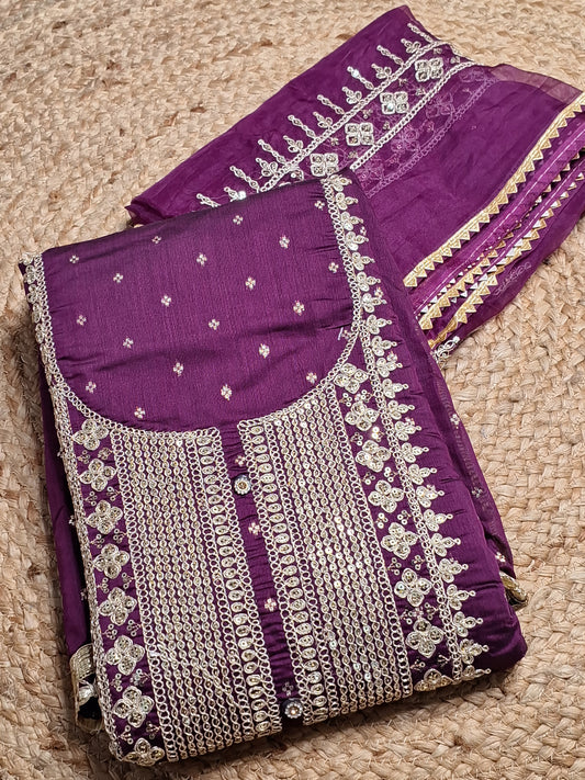 Purple Colour Unstitched Suit Silk Fabric with Zari & Sequence Work with Dupatta