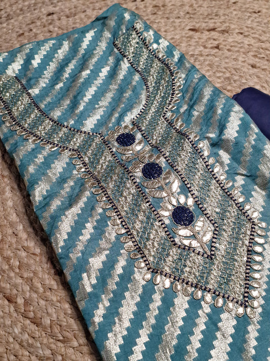 Teal Blue Colour Gota Work with Banarasi Dupatta Unstitched Suit Fabric