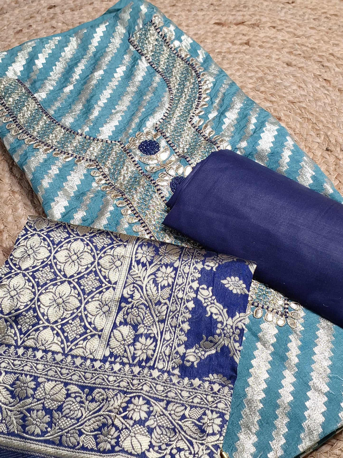 Teal Blue Colour Gota Work with Banarasi Dupatta Unstitched Suit Fabric