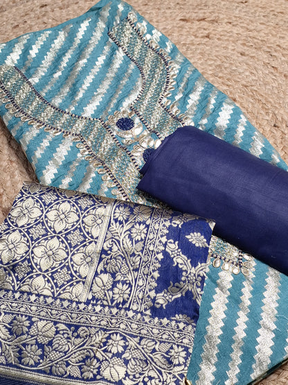 Teal Blue Colour Gota Work with Banarasi Dupatta Unstitched Suit Fabric