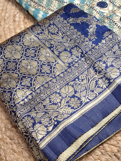 Teal Blue Colour Gota Work with Banarasi Dupatta Unstitched Suit Fabric