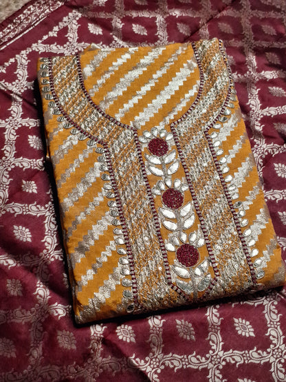 Mustard Colour Gota Work with Banarasi Dupatta Unstitched Suit Fabric