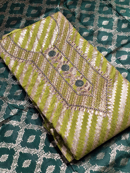 Light Green Colour Gota Work with Banarasi Dupatta Unstitched Suit Fabric