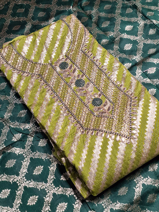 Light Green Colour Gota Work with Banarasi Dupatta Unstitched Suit Fabric