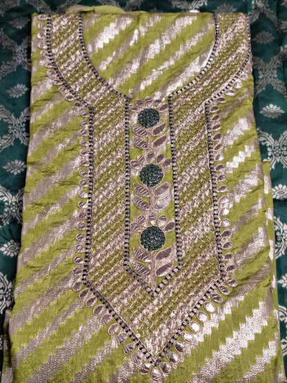 Light Green Colour Gota Work with Banarasi Dupatta Unstitched Suit Fabric