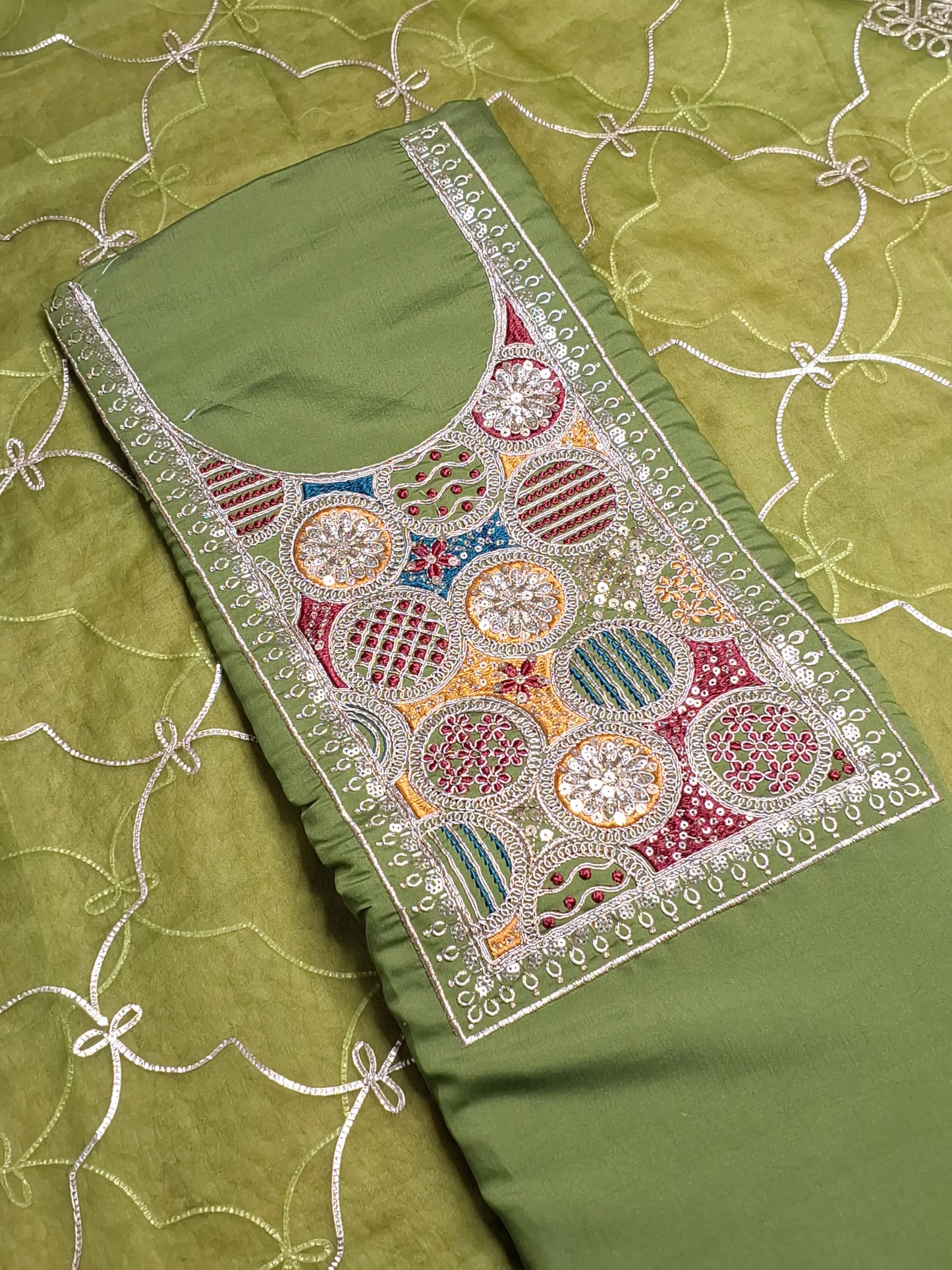 Green Colour Unstitched Suit Silk Fabric with Zari & Sequence Work with Dupatta