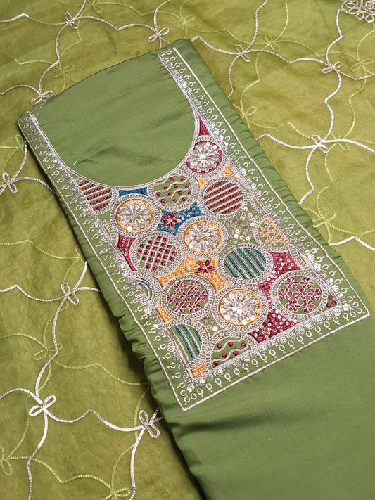 Green Colour Unstitched Suit Silk Fabric with Zari & Sequence Work with Dupatta