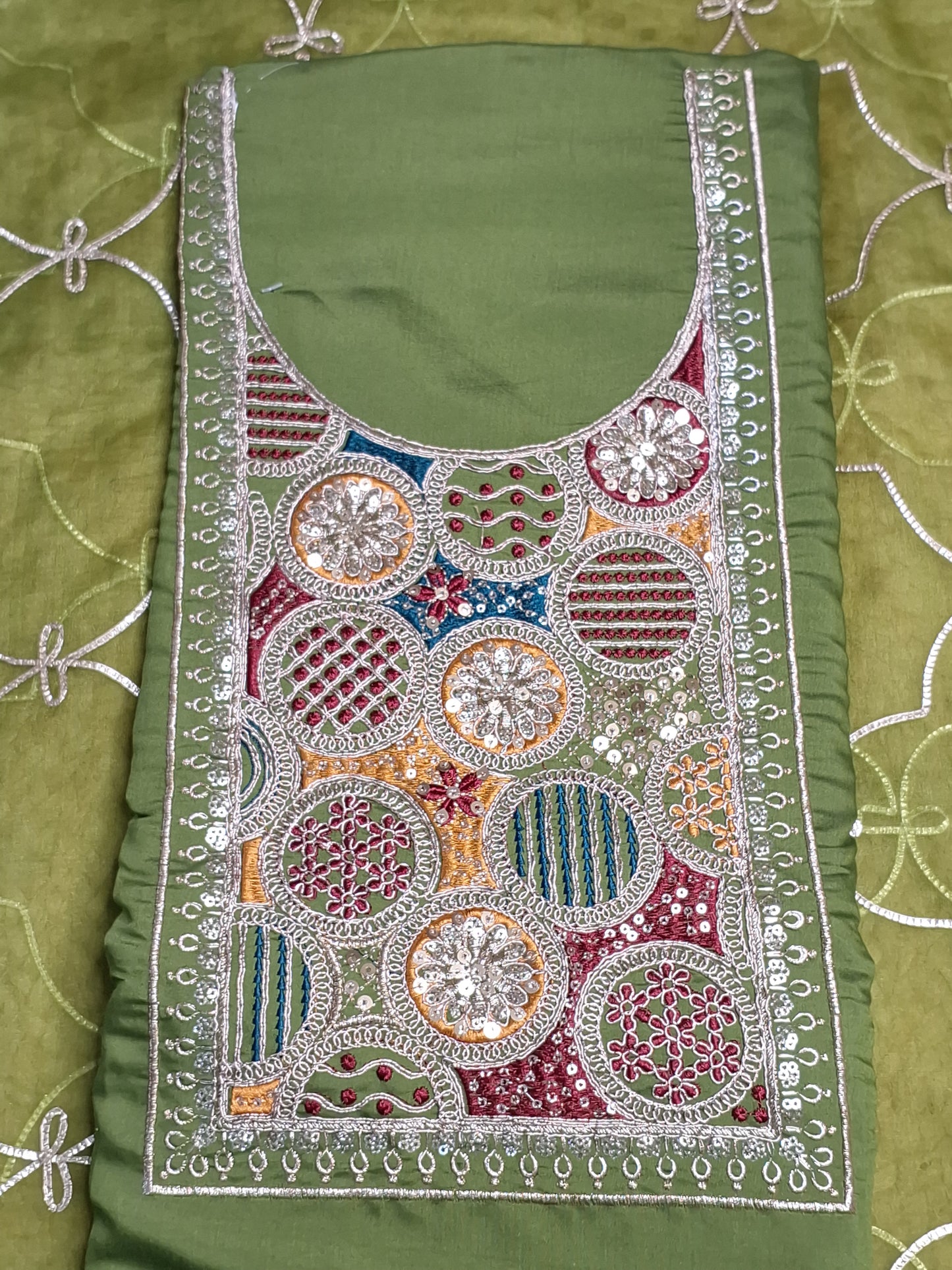 Green Colour Unstitched Suit Silk Fabric with Zari & Sequence Work with Dupatta