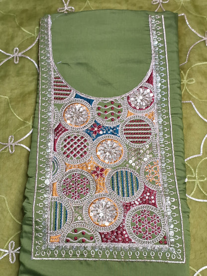 Green Colour Unstitched Suit Silk Fabric with Zari & Sequence Work with Dupatta