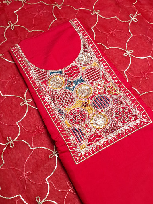 Red Colour Unstitched Suit Silk Fabric with Zari & Sequence Work with Dupatta