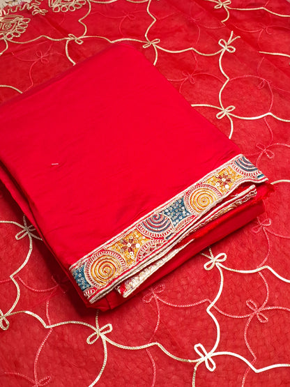 Red Colour Unstitched Suit Silk Fabric with Zari & Sequence Work with Dupatta