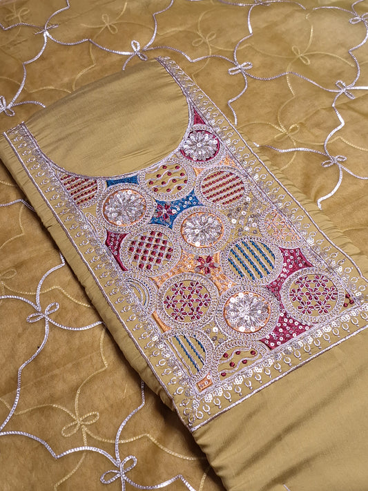 Olive Colour Unstitched Suit Silk Fabric with Zari & Sequence Work with Dupatta