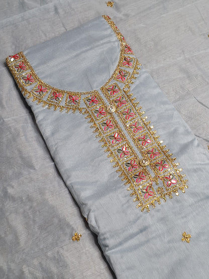 Light Blue Colour Chanderi Cotton Zari Work Unstitched Suit Fabric with Dupatta