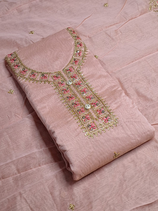 Peach Colour Chanderi Cotton Zari Work Unstitched Suit Fabric with Dupatta