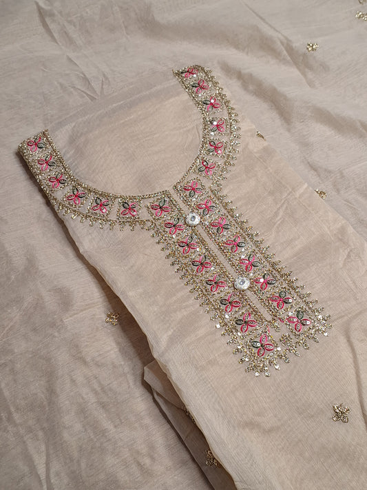 Beige Colour Chanderi Cotton Zari Work Unstitched Suit Fabric with Dupatta
