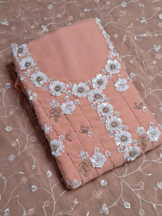 Peach Colour Georgette Sequence Work Unstitched Suit Fabric with Dupatta
