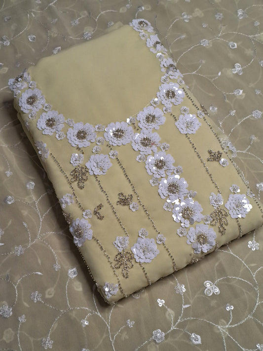 Light Yellow Colour Georgette Sequence Work Unstitched Suit Fabric with Dupatta