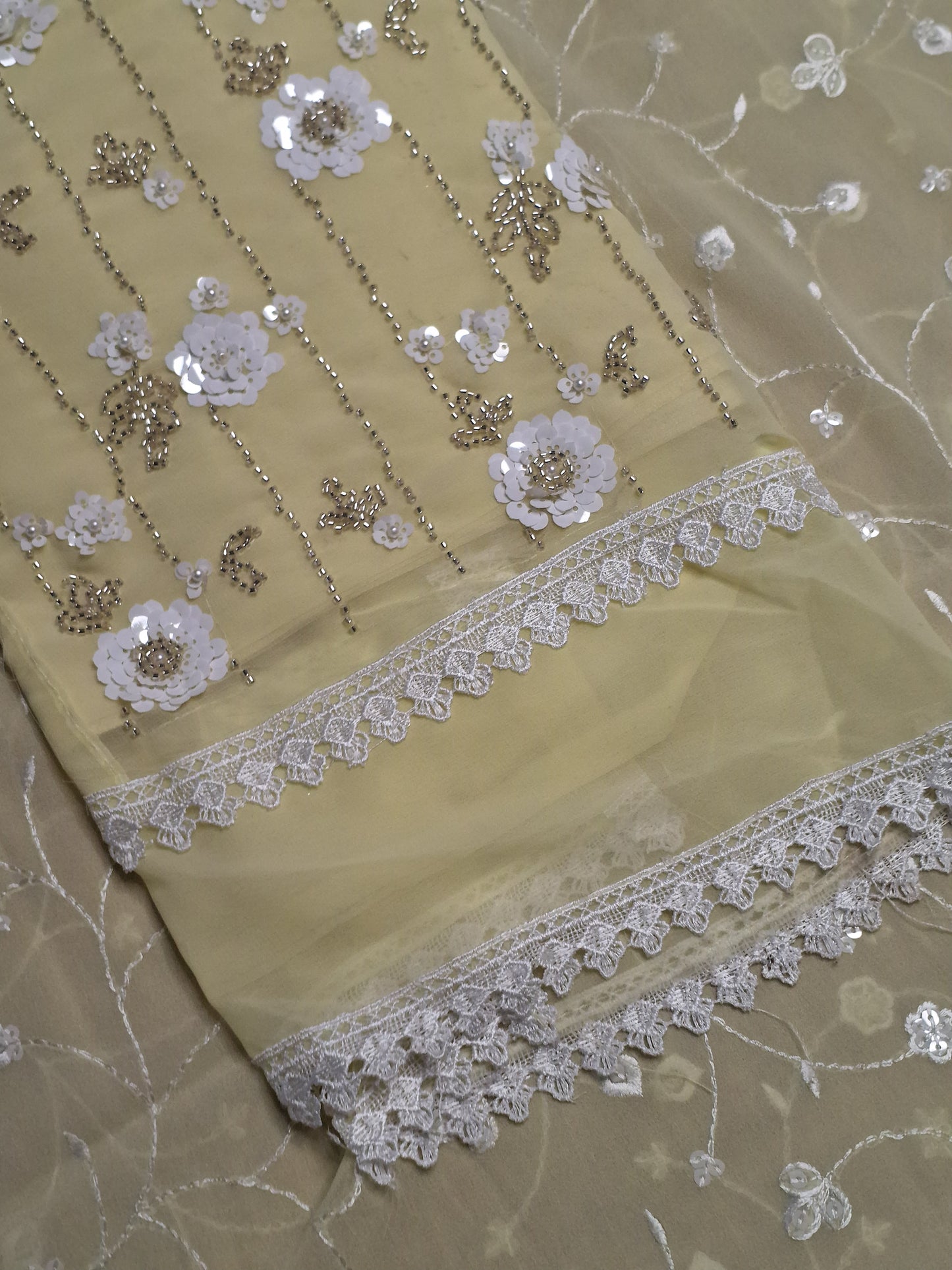 Light Yellow Colour Georgette Sequence Work Unstitched Suit Fabric with Dupatta