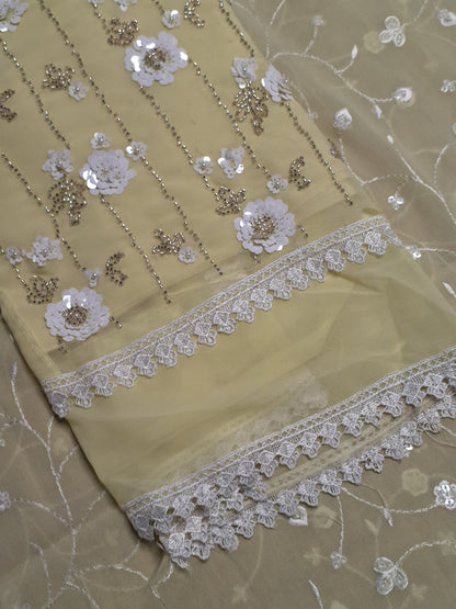 Light Yellow Colour Georgette Sequence Work Unstitched Suit Fabric with Dupatta