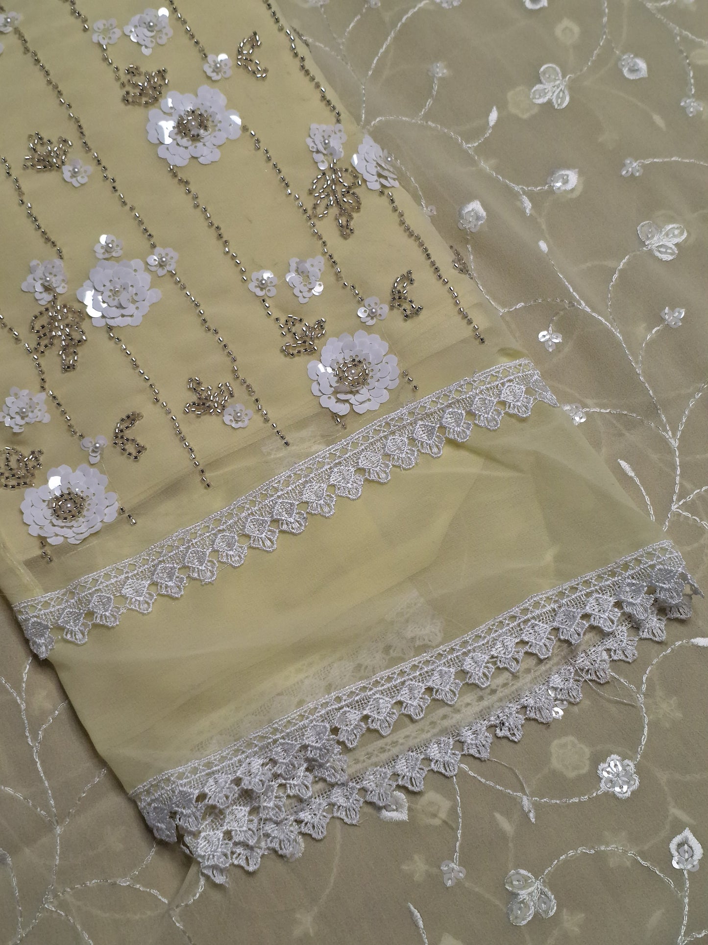 Light Yellow Colour Georgette Sequence Work Unstitched Suit Fabric with Dupatta