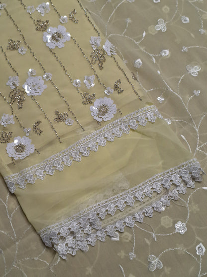 Light Yellow Colour Georgette Sequence Work Unstitched Suit Fabric with Dupatta