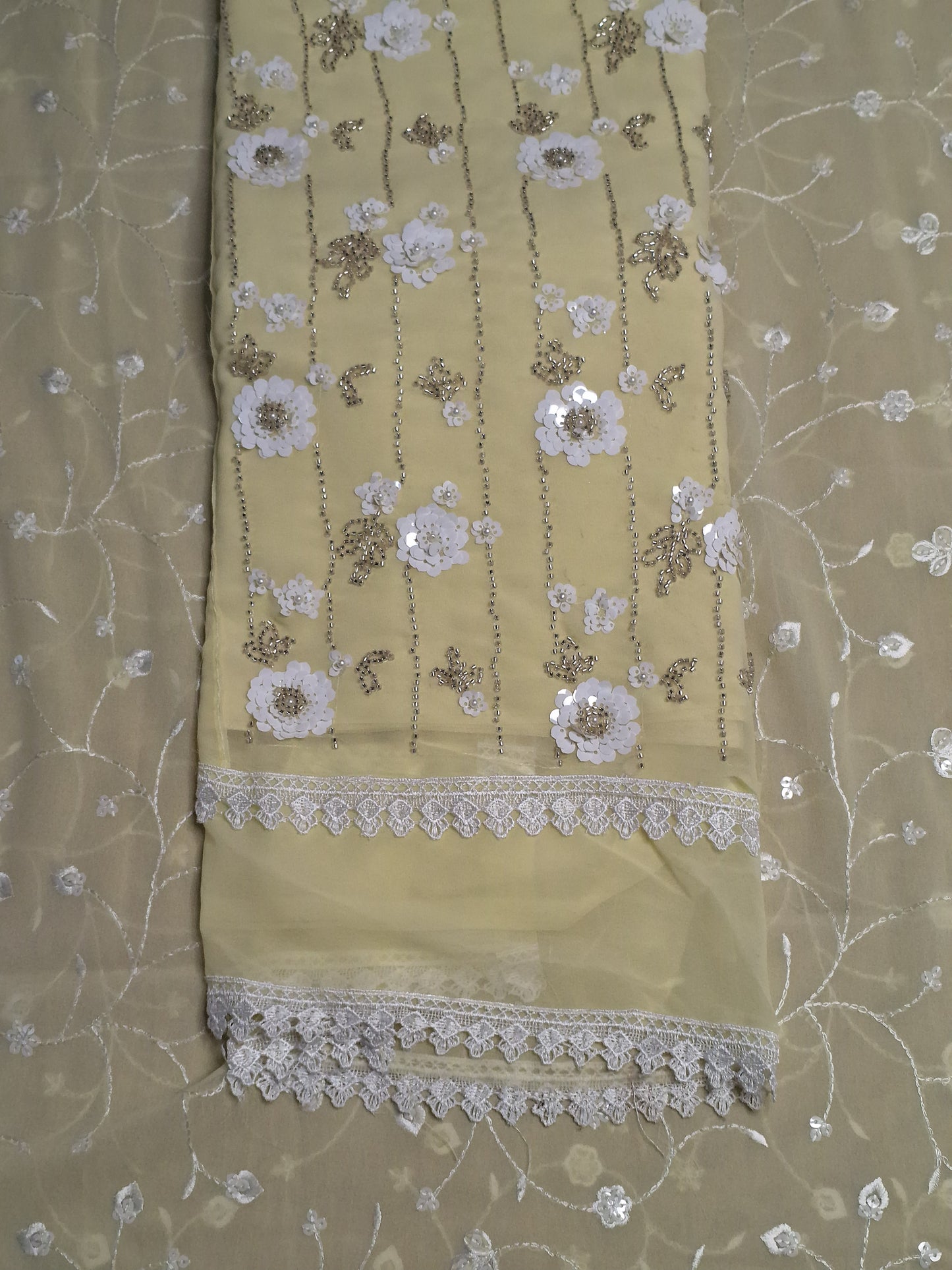 Light Yellow Colour Georgette Sequence Work Unstitched Suit Fabric with Dupatta