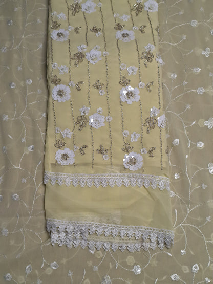 Light Yellow Colour Georgette Sequence Work Unstitched Suit Fabric with Dupatta