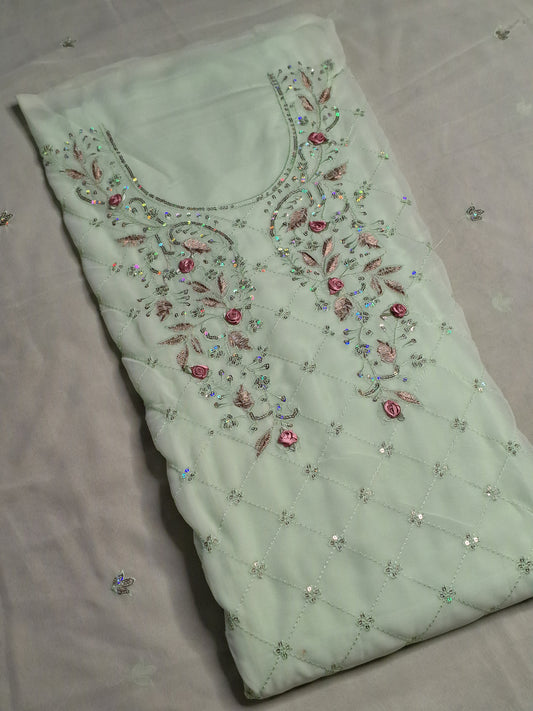 Pista Green Colour Thread & Sequence Work Unstitched Suit Fabric with Dupatta