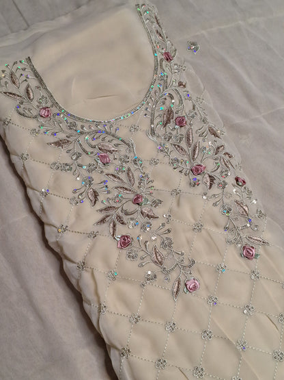 Beige Colour Thread & Sequence Work Unstitched Suit Fabric with Dupatta
