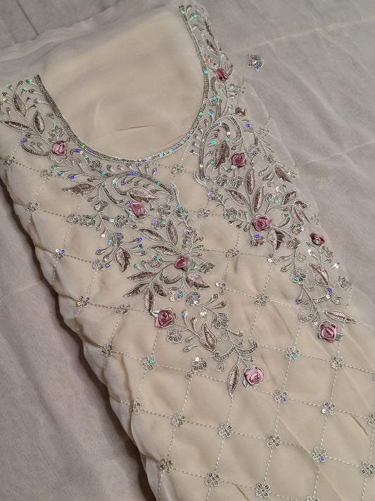 Beige Colour Thread & Sequence Work Unstitched Suit Fabric with Dupatta