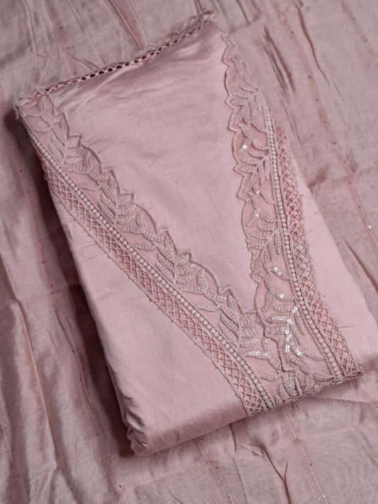 Peach Colour Thread & Lace Work V Neck Unstitched Suit Cotton Fabric with Dupatta