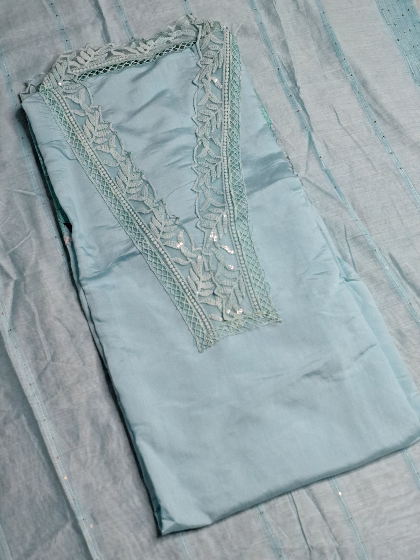 Sky Blue Colour Thread & Lace Work V Neck Unstitched Suit Cotton Fabric with Dupatta