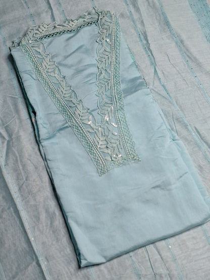 Sky Blue Colour Thread & Lace Work V Neck Unstitched Suit Cotton Fabric with Dupatta