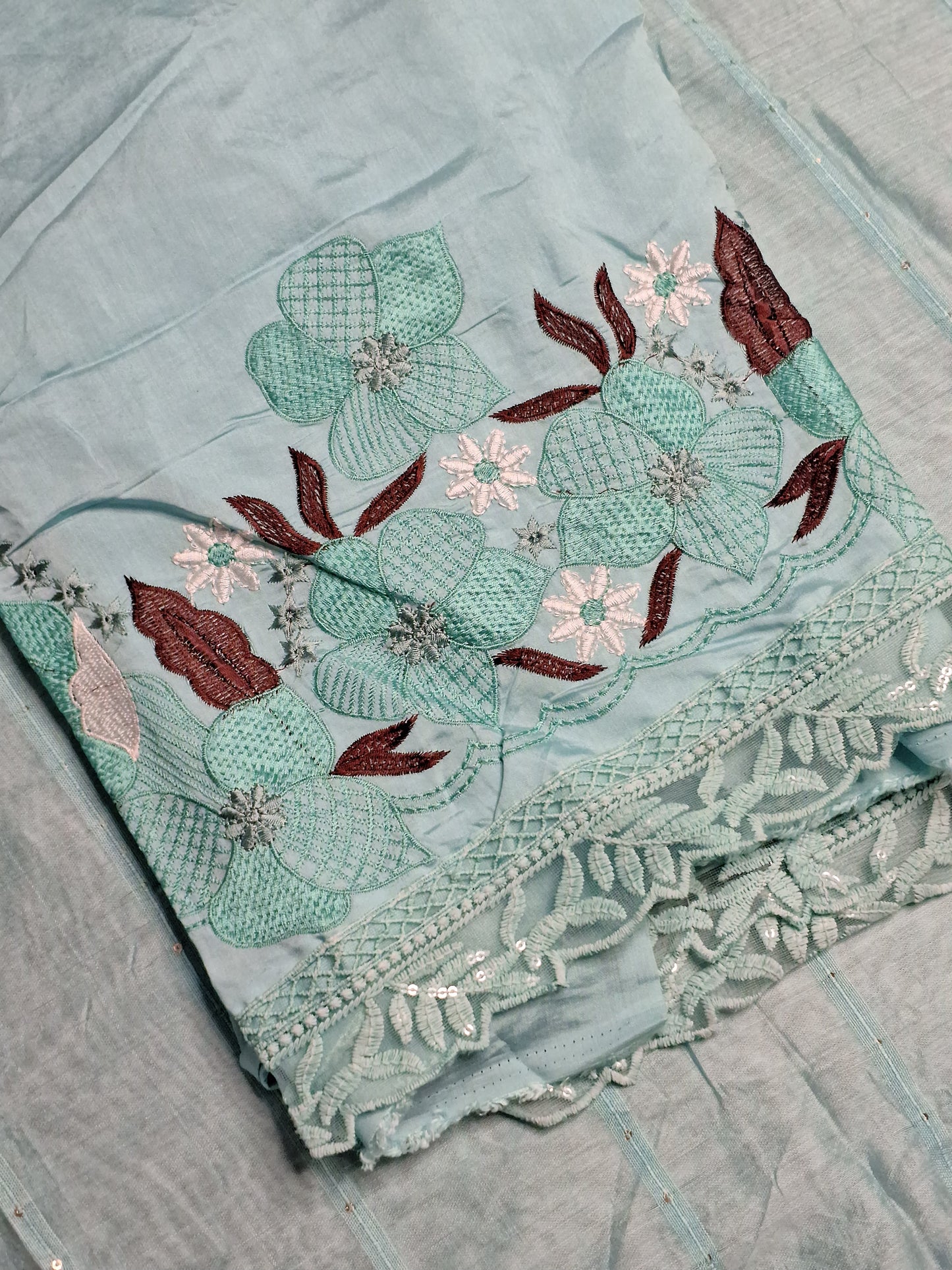 Sky Blue Colour Thread & Lace Work V Neck Unstitched Suit Cotton Fabric with Dupatta