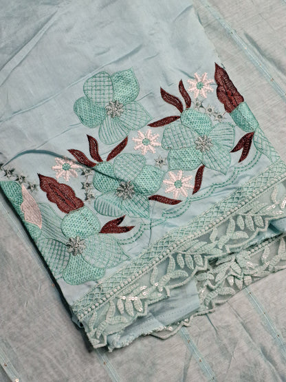 Sky Blue Colour Thread & Lace Work V Neck Unstitched Suit Cotton Fabric with Dupatta