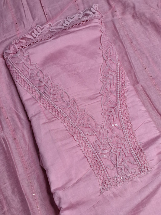 Pink Colour Thread & Lace Work V Neck Unstitched Suit Cotton Fabric with Dupatta