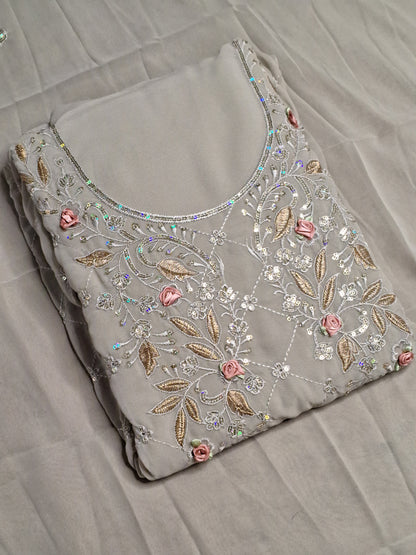 Grey Colour Thread & Sequence Work Unstitched Suit Fabric with Dupatta