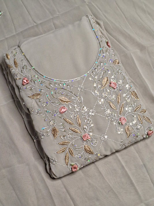 Grey Colour Thread & Sequence Work Unstitched Suit Fabric with Dupatta