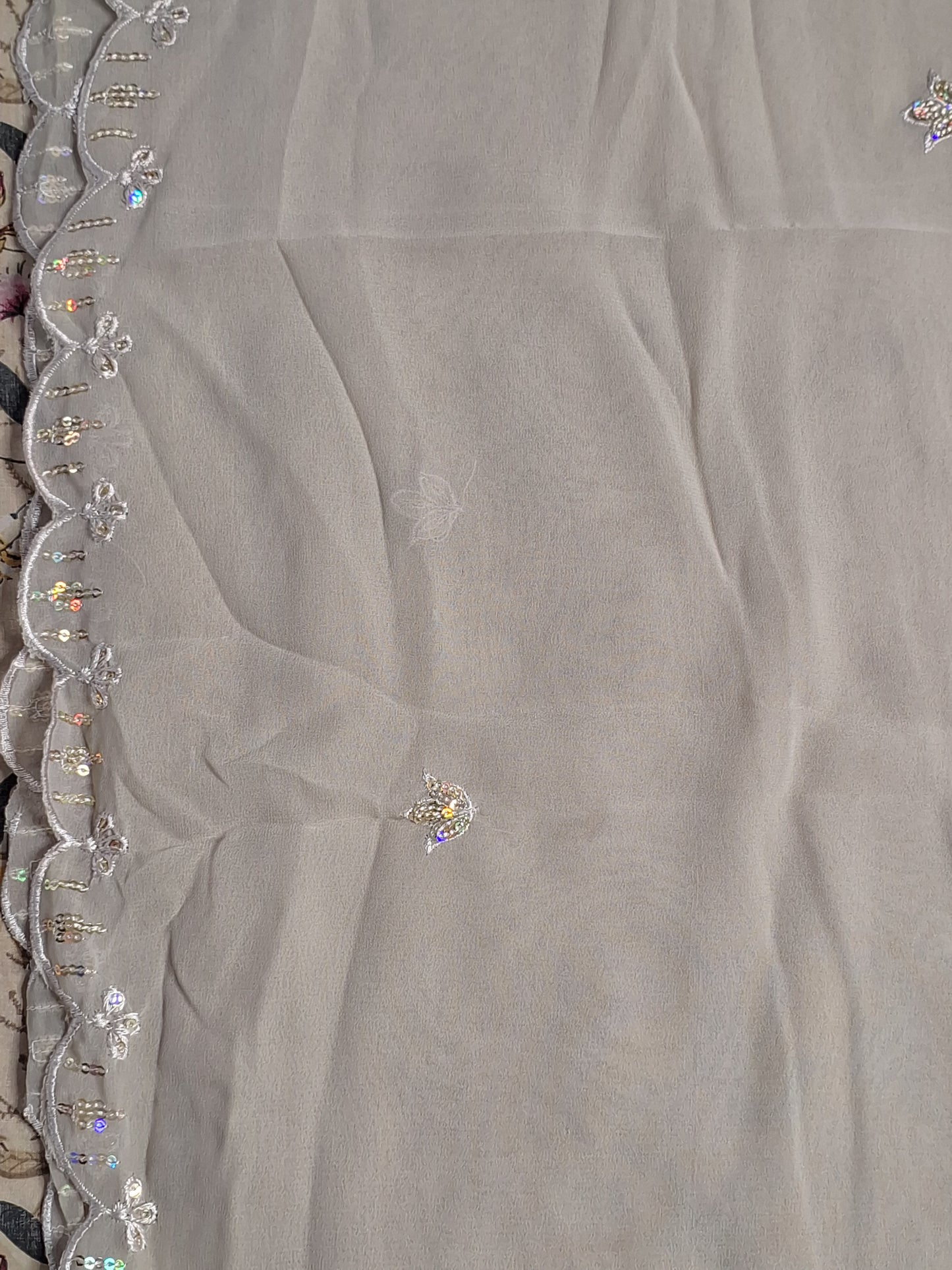 Grey Colour Thread & Sequence Work Unstitched Suit Fabric with Dupatta