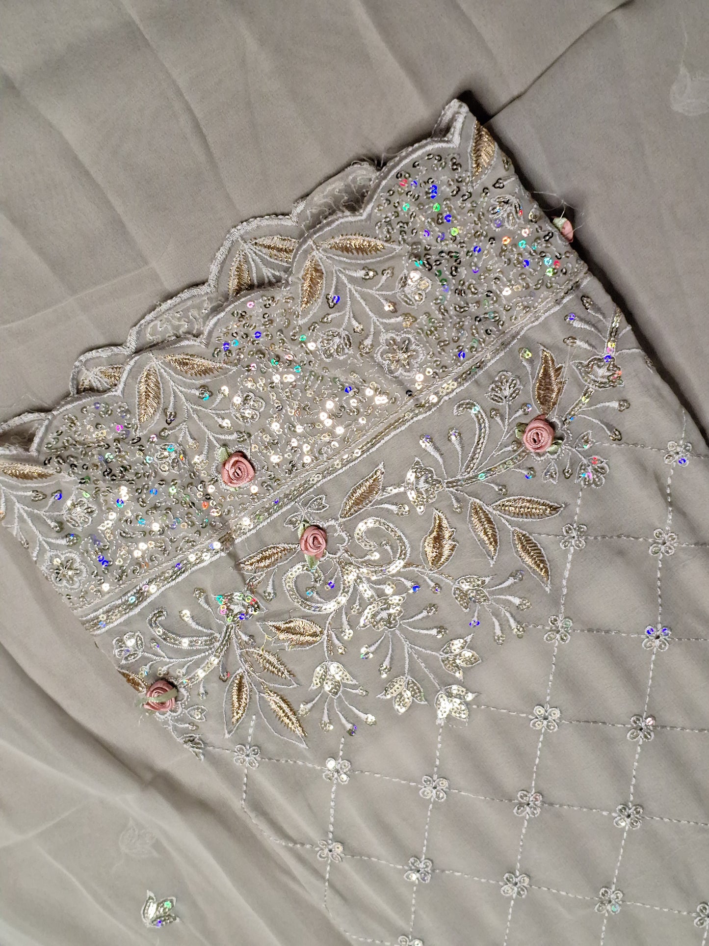 Grey Colour Thread & Sequence Work Unstitched Suit Fabric with Dupatta