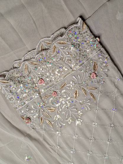 Grey Colour Thread & Sequence Work Unstitched Suit Fabric with Dupatta