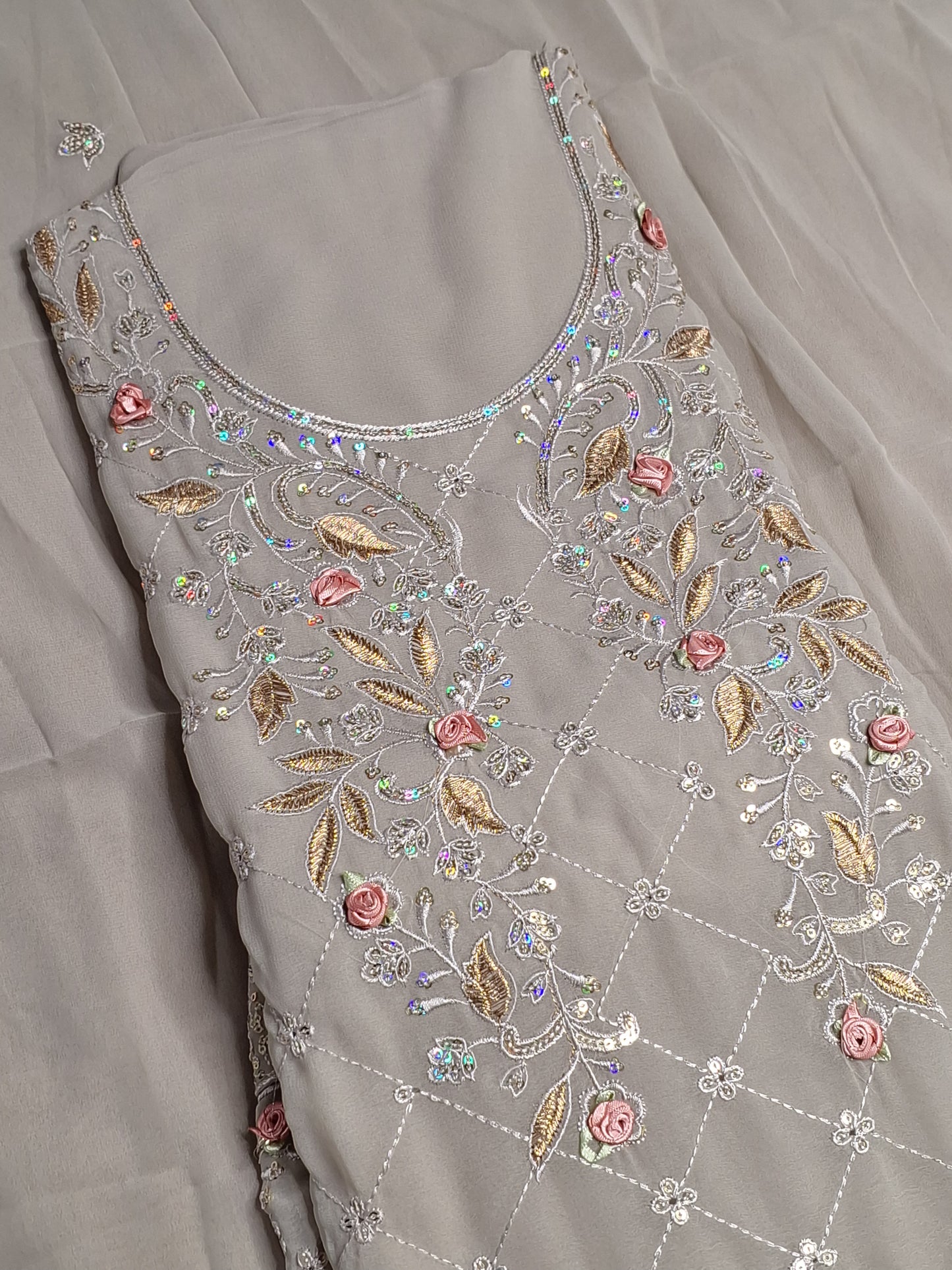 Grey Colour Thread & Sequence Work Unstitched Suit Fabric with Dupatta