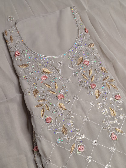 Grey Colour Thread & Sequence Work Unstitched Suit Fabric with Dupatta