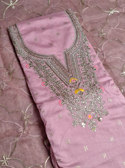 Pink Colour Gota Work Unstitched Suit Organza Fabric with Dupatta