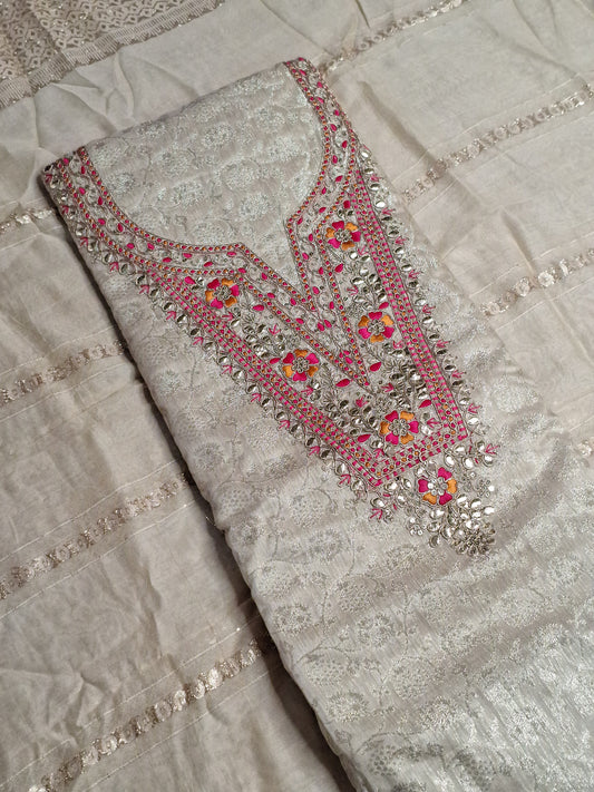 Golden Colour Gota & Thread Work Unstitched Suit Banarasi Fabric with Dupatta